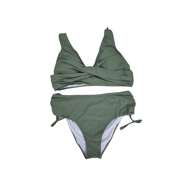 NWOT Olive Green Twist Front Bikini Set High Waisted Swimsuit With Side‎ Tie - Picture 1 of 3